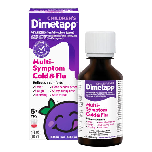Dimetapp Cold & Flu, Multi Symptom, Children's, Red Grape Flavor, 6+ Yrs 4 Fl Oz Grapes Pasteur Pharmacy