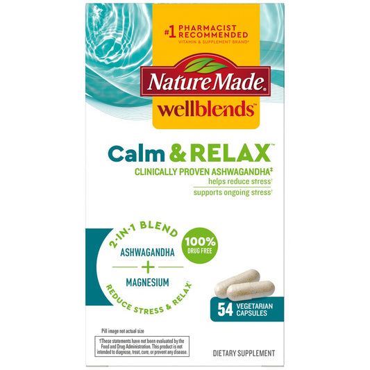 Nature Made Wellblends Calm & Relax, Ashwagandha 125mg, Magnesium 300 Mg, 54 Vegetarian Capsules Vitamins & Supplements Pasteur Pharmacy