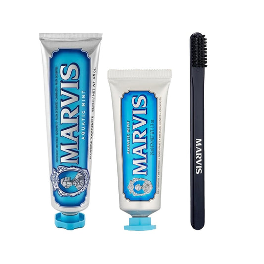 Marvis Premium Toothpaste and Toothbrush Set - Aquatic Mint Flavor, 85ml + 25ml - Ideal for Oral Hygiene and Travel