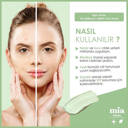 Mia Klinika Cica Cream SPF 50+ - Crema unificadora del tono con hierba de tigre para pieles sensibles, cobertura natural y protección solar diaria