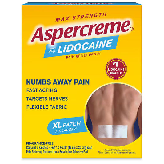 Aspercreme Lidocaine XL Pain Relief Patches - Max Strength 4% Lidocaine, 3 Count Heating Pads Pasteur Pharmacy