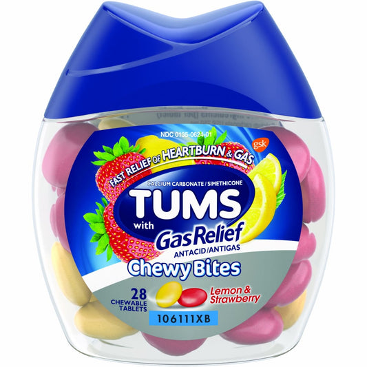 Tums Chewy Bites Chewable Antacid Tablets With Gas Relief, Lemon/Strawberry