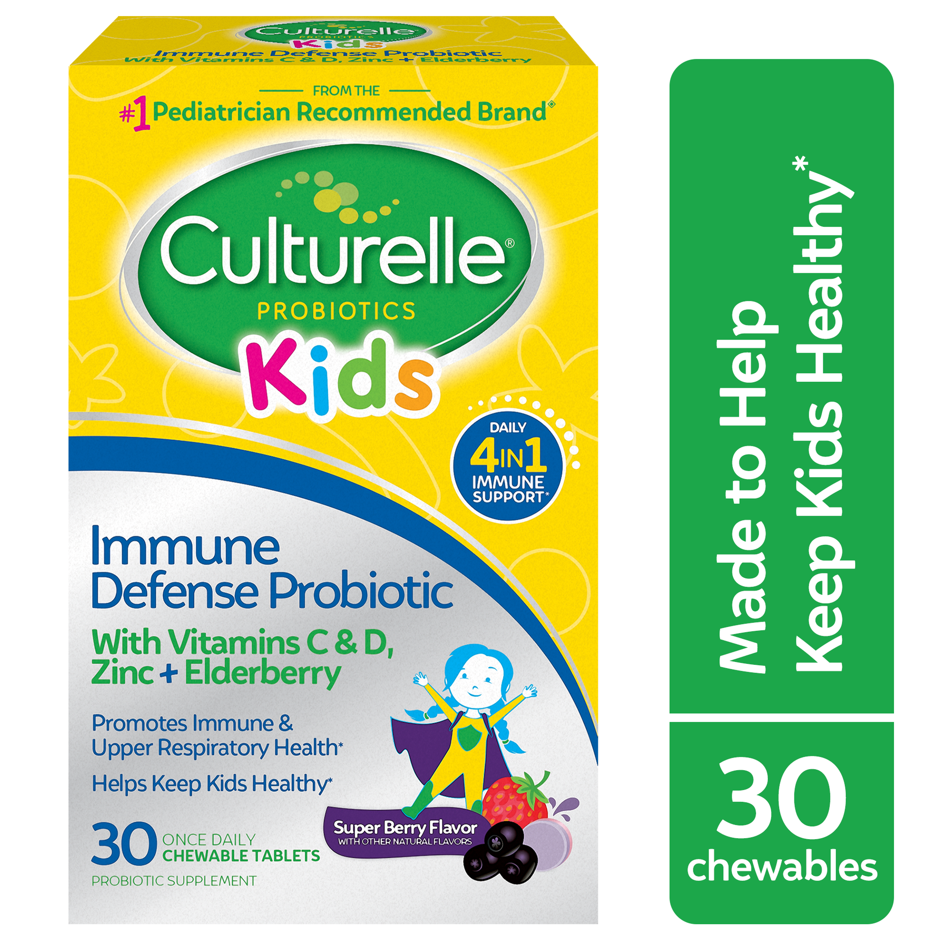 Culturelle Kids Daily Immune Defense Probiotic + Elderberry, Vitamin C And Zinc Chewable For Oral Health - 30ct Vitamins & Supplements Pasteur Pharmacy