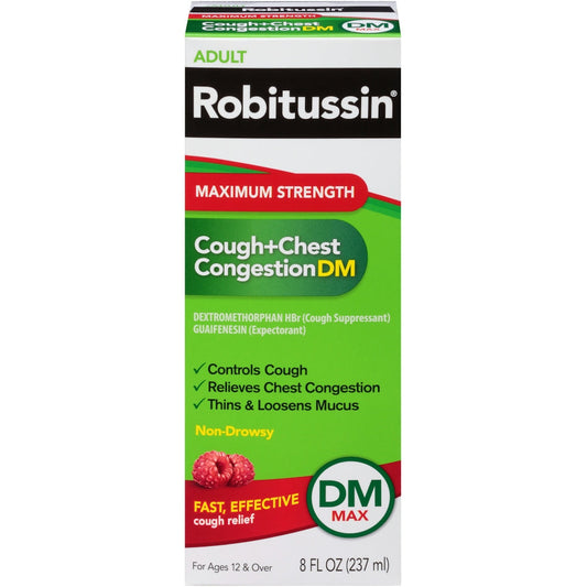 Robitussin Adult Maximum Strength Cough + Chest Congestion DM, Raspberry - 8 oz Respiratory Care Pasteur Pharmacy