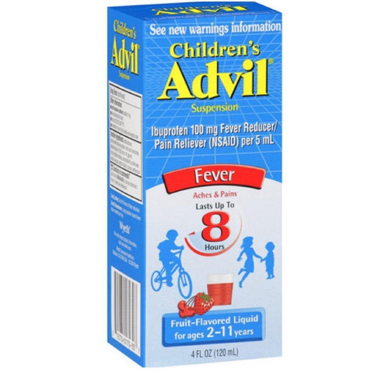 Advil Children's Liquid Suspension Fever Reducer/Pain Reliever (Ibuprofen) In Fruit Flavor 100mg 4 Fl Oz Box Medicine & Drugs Pasteur Pharmacy