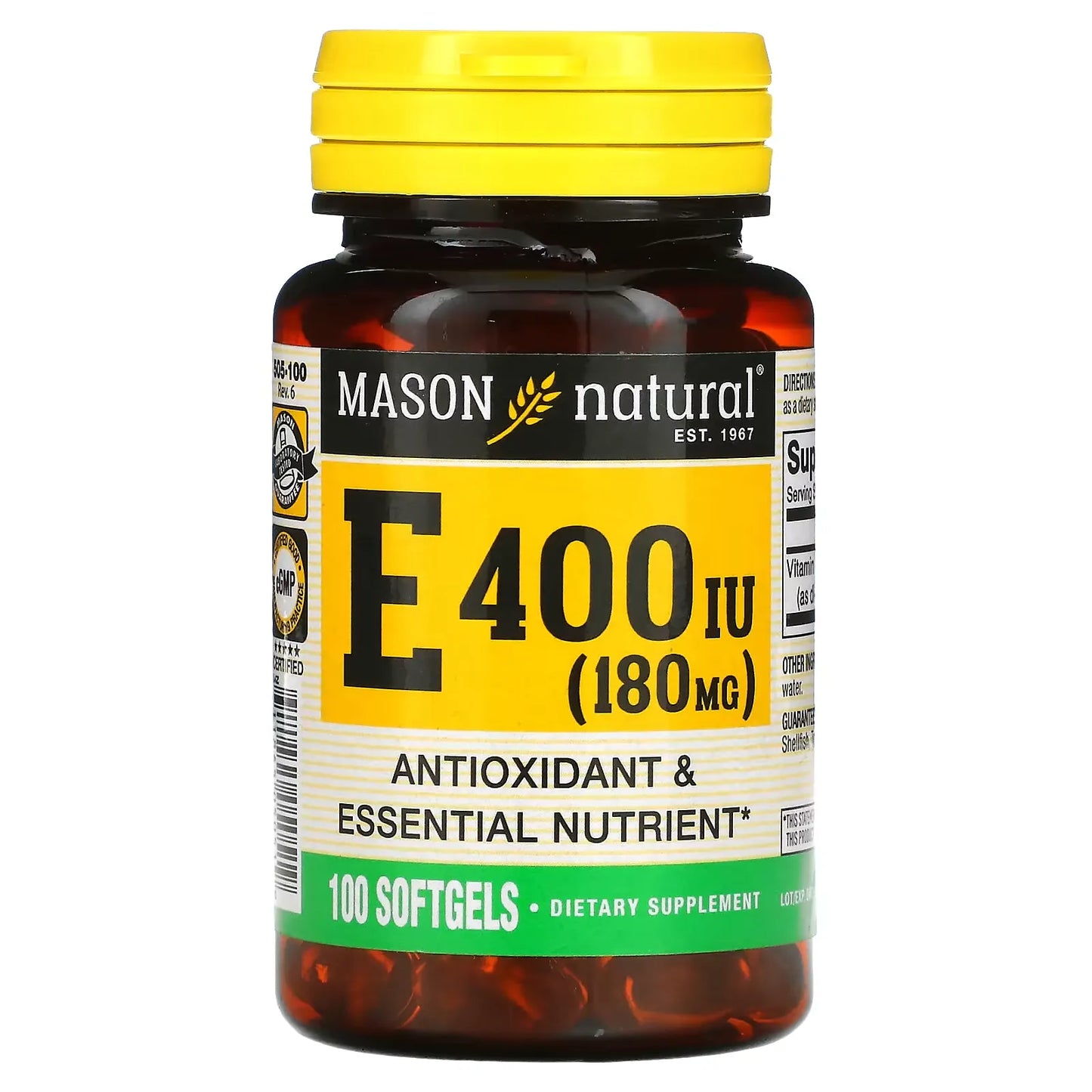 Mason Natural 400 IU (180 Mg ) Vitamin E 100 Softgels Vitamins & Supplements Pasteur Pharmacy