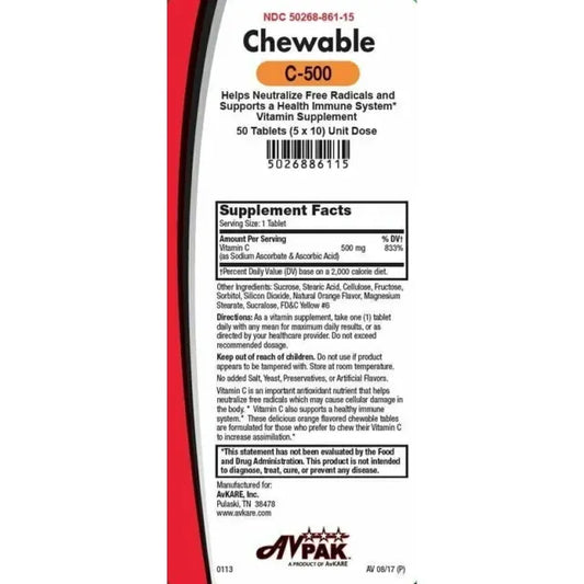 AvKare Vitamin C-500 Chewable Tablets Immune System Health Support 500 Mg Vitamins & Supplements Pasteur Pharmacy