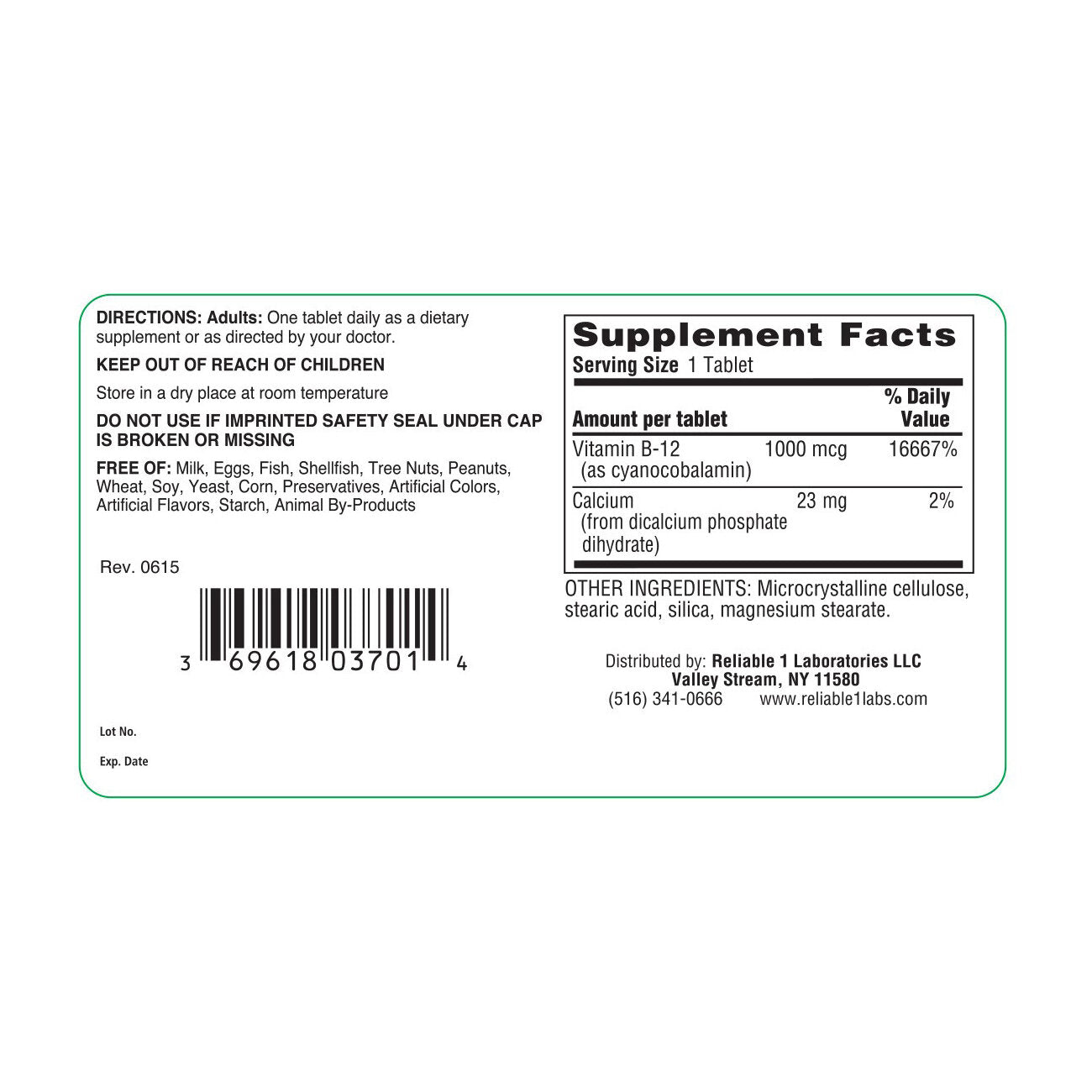 Reliable-1 Laboratories Vitamin B-12 – 1000 mcg (100 Tablets) Vitamins & Supplements Pasteur Pharmacy