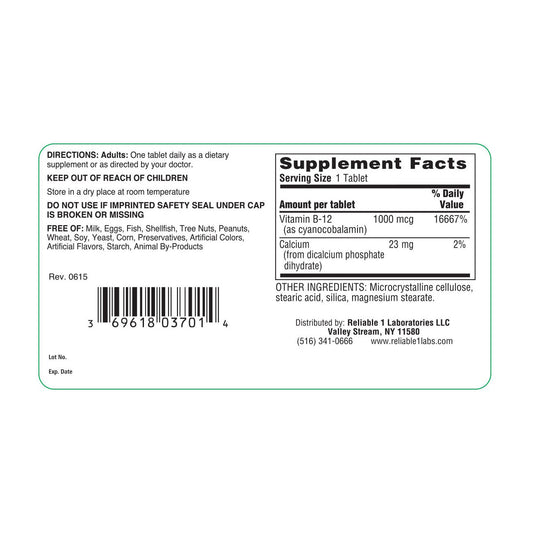 Reliable-1 Laboratories Vitamin B-12 – 1000 mcg (100 Tablets) Vitamins & Supplements Pasteur Pharmacy