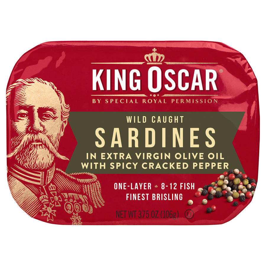 King Oscar Wild Caught, Sardines In Extra Virgin Olive Oil, With Spicy Cracked Pepper, One Layer, 3.75 Oz (106 G)