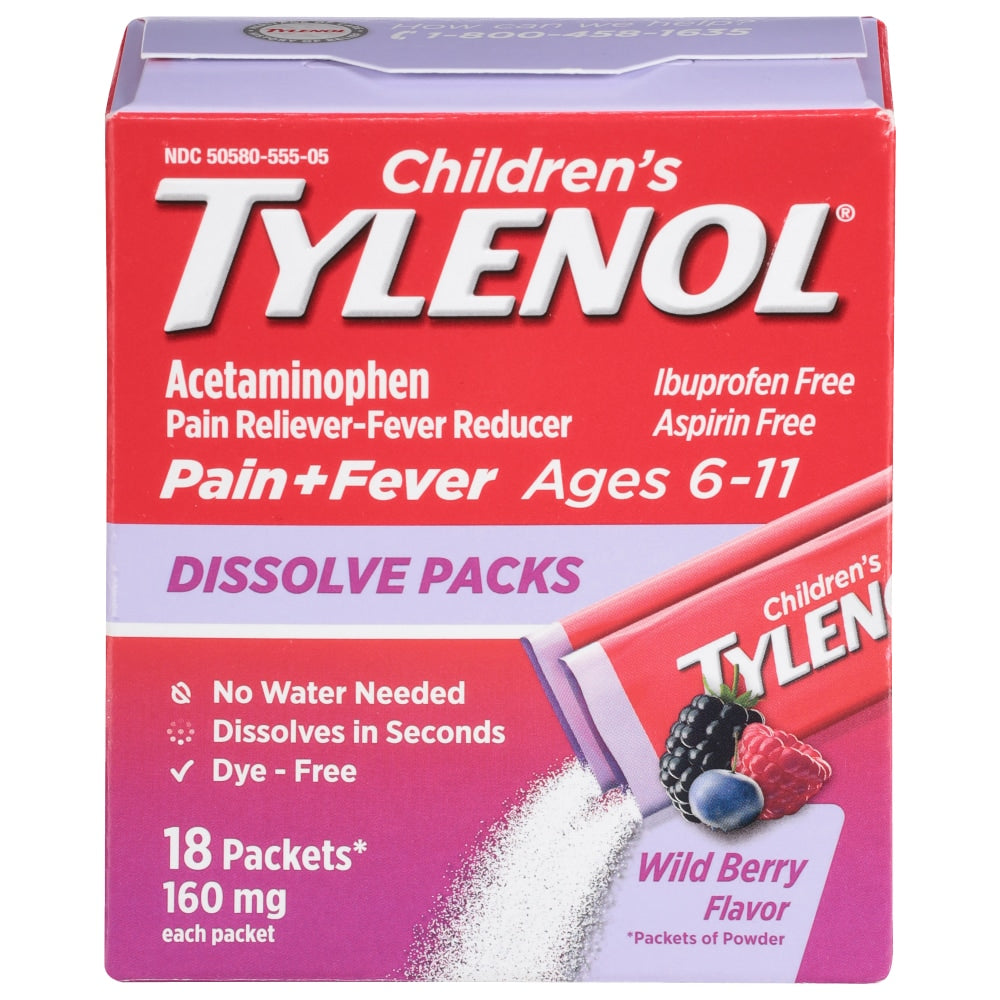 Children's Tylenol Dissolve Packs, Pain & Fever Relief, Wild Berry, 18 Count Medicine & Drugs Pasteur Pharmacy