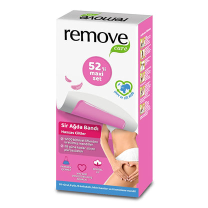 Set de Cera Depilatoria Remove Care Maxi: Bandas de cera para piel sensible (rostro, cuerpo y bikini) - 52 unidades | Depilación duradera y fácil de usar
