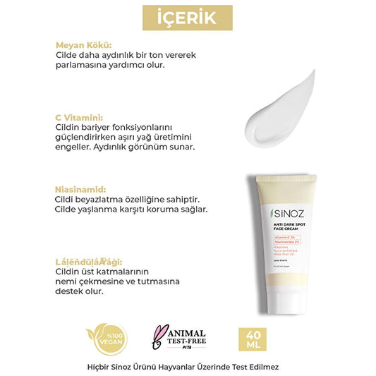 Sinoz : Crème éclaircissante avancée pour la peau - Correcteur de taches brunes à la vitamine C et à la niacinamide, élimination des imperfections, unificateur de teint, teint éclatant, 40 ml