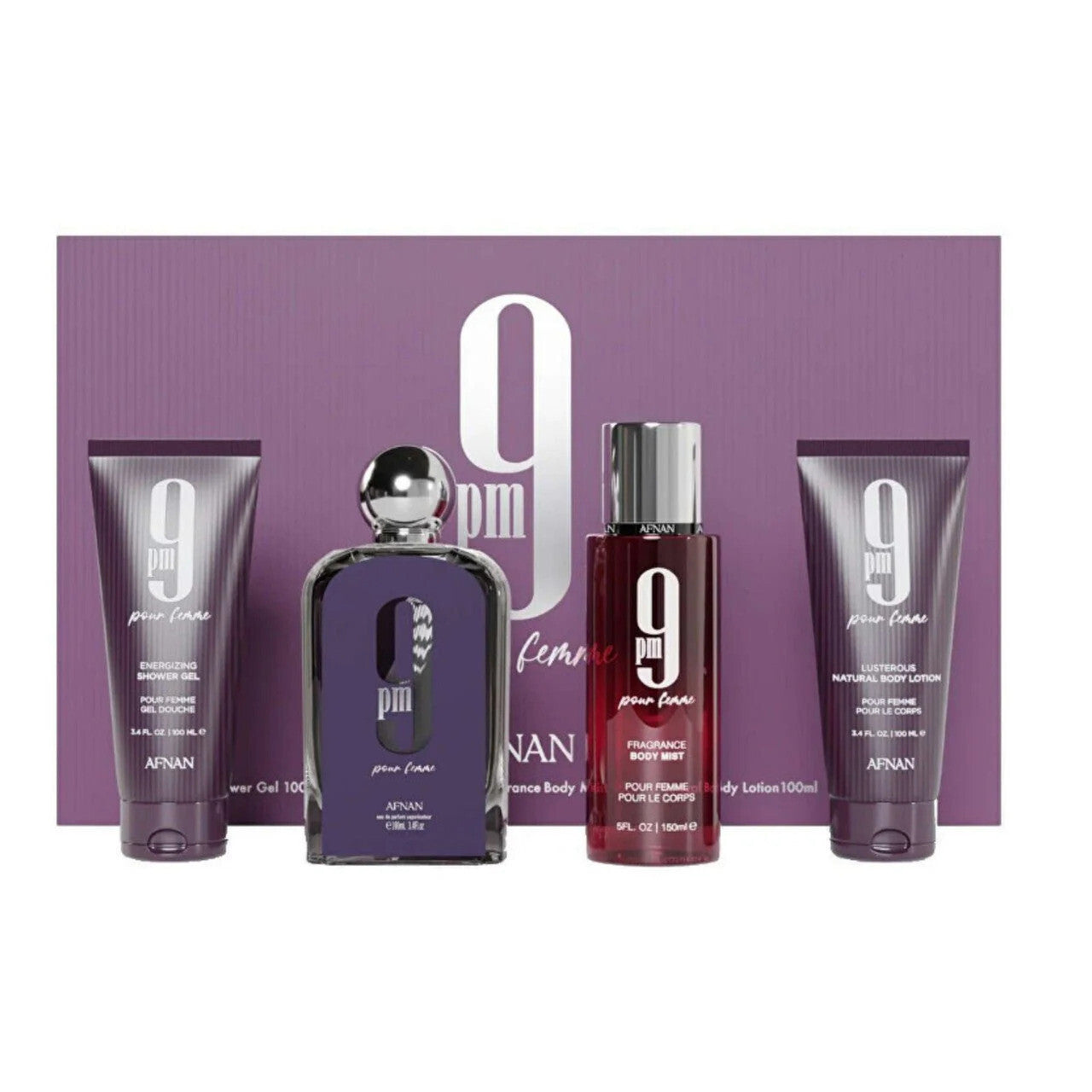 Afnan 9 pm 4 pcs set for women: 3.4 eau de parfum spray + 5 oz body mist + 3.4 shower gel + 3.4 body lotion Women Fragrant Nest
