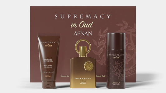 AFNAN SUPREMACY IN OUD 3 PCS SET FOR MEN: 3.3 EXTRAIT DE PARFUM + 5 OZ SHOWER GEL + 5 OZ DEODORANT SPRAY MEN Fragrant Nest