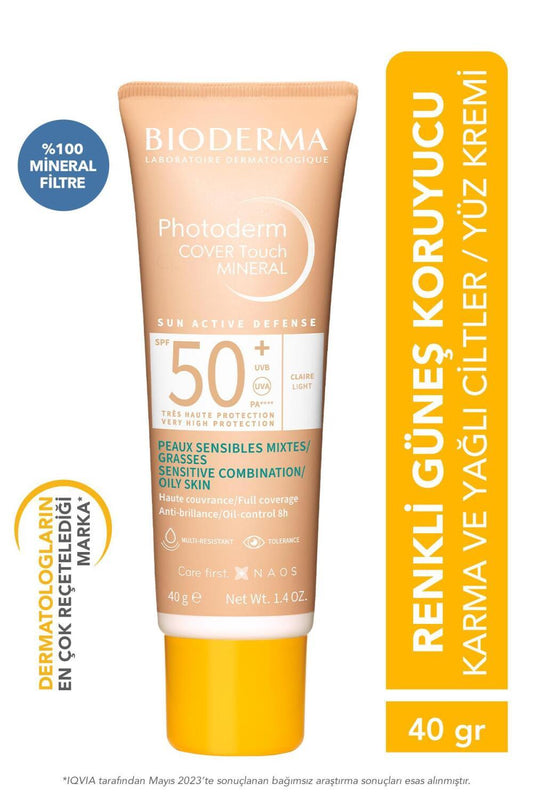 Bioderma Photoderm COVER Touch SPF50+ Clair : Écran solaire minéral teinté haute protection pour peaux sensibles, protection solaire visage, 40 g
