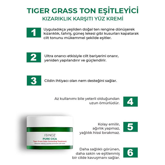 Crème visage Sinoz Pure Cica Tiger Grass - Apaisement des rougeurs, correction du teint, soulagement des peaux sensibles et réparation de la barrière cutanée - Centella Asiatica