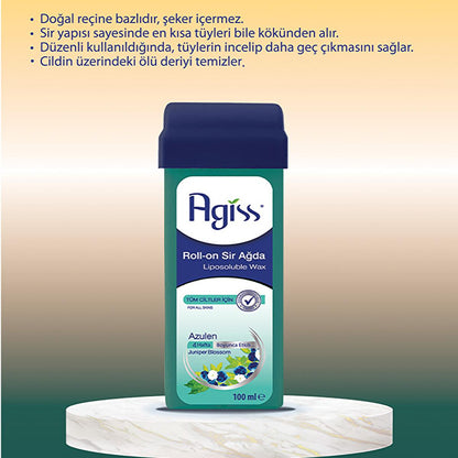 Cire dépilatoire roll-on Agiss à l'azulène : résine 100 % naturelle, sans sucre, application facile pour tous types de peau