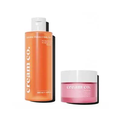 Ensemble de soins Cream Co. : Tonique AHA/BHA et hydratant à l'acide hyaluronique | Vegan, anti-imperfections, resserre les pores et illumine le teint pour les peaux sensibles