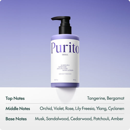 Lotion corporelle Purito Luminous Moisture au beurre de karité, Midnight Romance, 300 ml