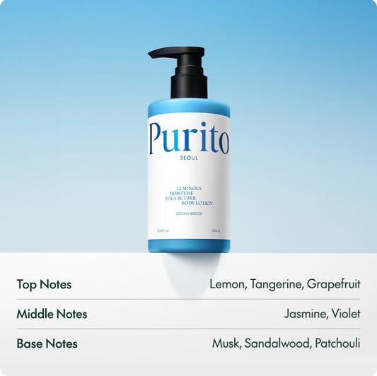 Lait corporel hydratant lumineux Purito au beurre de karité Ocean Breeze 300 ml