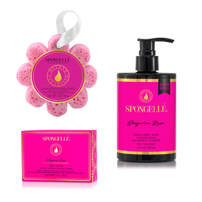 Set de recambio de gel de ducha, esponja exfoliante Pedi Buffer y rosa silvestre búlgara