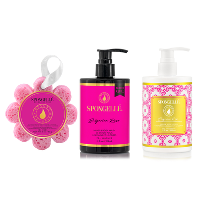 Ensemble Rose Bulgare et Fleurs Sauvages : recharge de gel douche et lait pour le corps