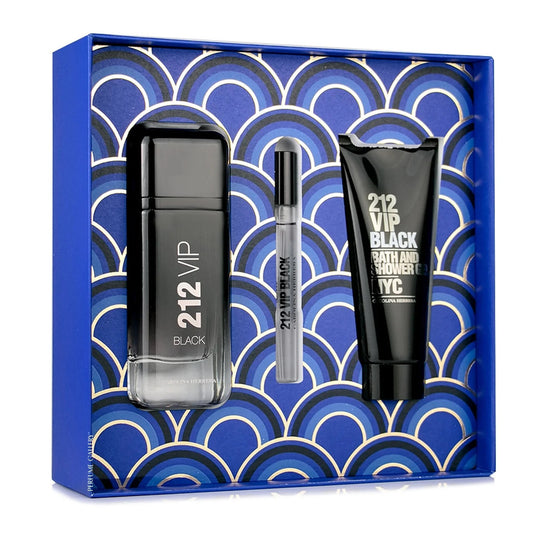 CAROLINA HERRERA 212 VIP BLACK 3 PCS SET FOR MEN: 3.4 EAU DE PARFUM SPRAY + 0.33 OZ EAU DE PARFUM SPRAY + 3.4 SHOWER GEL. MEN Fragrant Nest