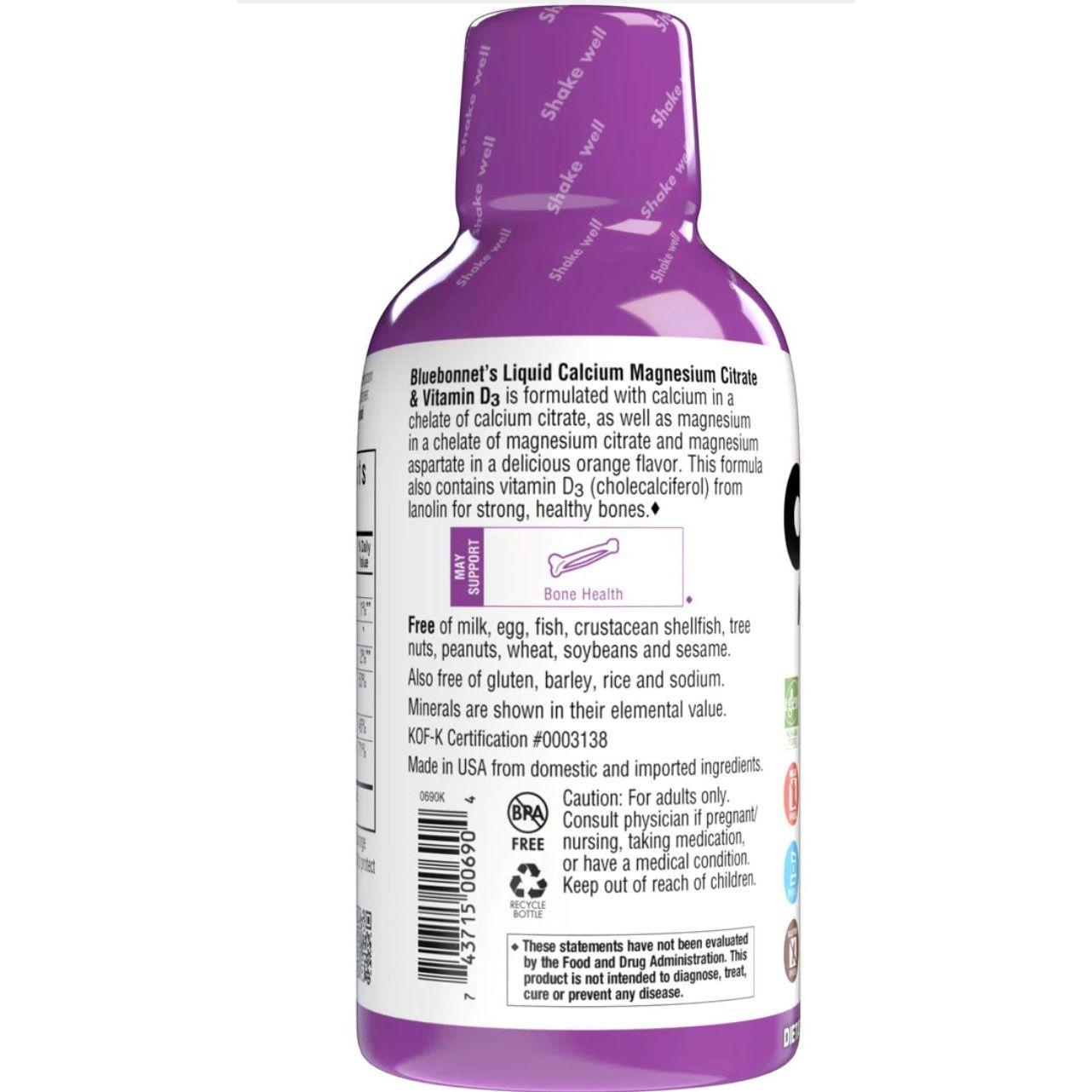 Bluebonnet Liquid Calcium Magnesium Citrate Plus Vitamin D3, Orange, 16 oz Liquid Vitamin Supplement Pasteur Pharmacy