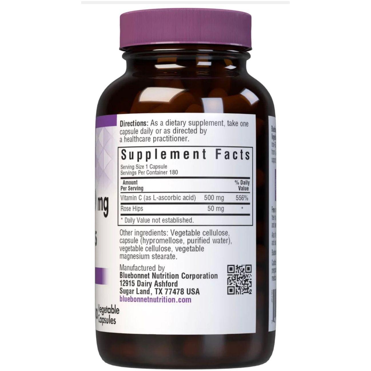 Bluebonnets Vitamin C-500 mg Plus Rose Hips 180 Vegetable Capsules Vitamins & Supplements Pasteur Pharmacy