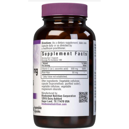 Bluebonnets Vitamin C-500 mg Plus Rose Hips 180 Vegetable Capsules Vitamins & Supplements Pasteur Pharmacy