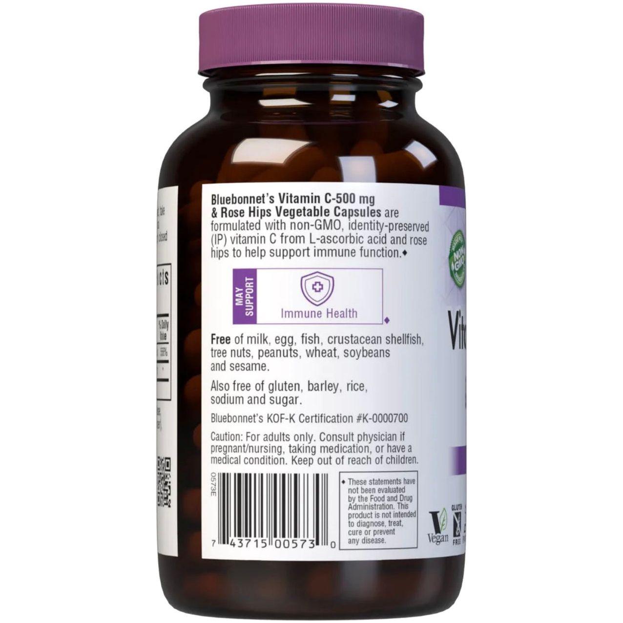 Bluebonnets Vitamin C-500 mg Plus Rose Hips 180 Vegetable Capsules Vitamins & Supplements Pasteur Pharmacy