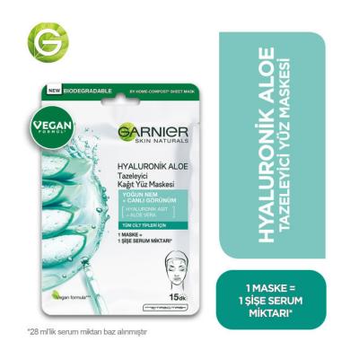 Masque visage hydratant Garnier Hyaluronic Aloe Vera - Masque en tissu rafraîchissant et revitalisant pour peaux sèches, hydratation intense et confort apaisant