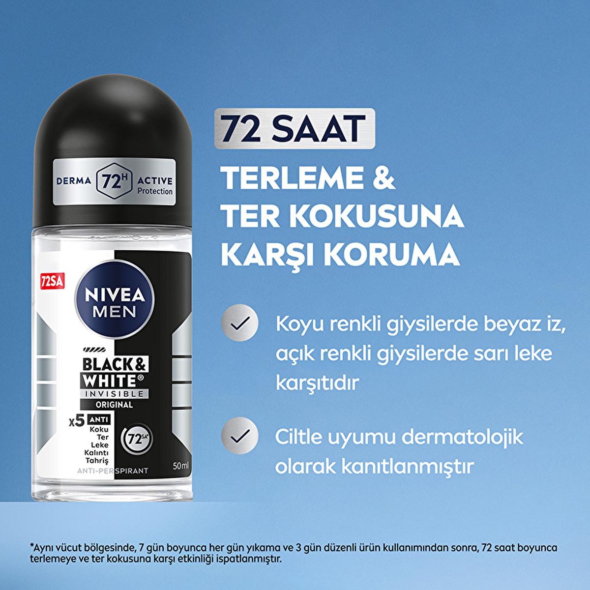 Nivea Men Deodorant - Nivea Men Erkek Roll-on Deodorant Black & White Invisible Original 50 ml - Long Lasting Anti-Perspirant Protection