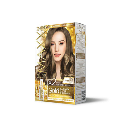 Tinte para el cabello Maxx Deluxe Golden Beauty 8.0 Rubio Ceniza Claro: Infusionado con oro de 24K para un color y brillo vibrante y duradero.