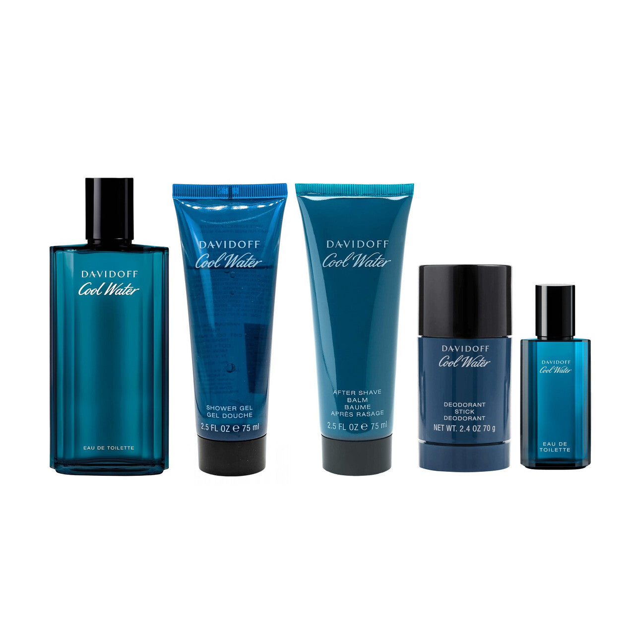 COOL WATER 5 PCS SET FOR MEN: 4.2 EAU DE TOILETTE SPRAY + 2.4 DEODORANT STICK + 2.5 SHOWER GEL + 2.5 AFTER SHAVE BALM + 0.5 EAU DE TOILETTE SPRAY MEN Fragrant Nest
