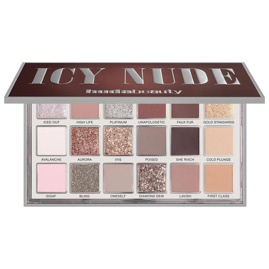 Paleta de sombras de ojos Huda Beauty Icy Nude: 18 tonos ultrapigmentados para looks de maquillaje de ojos mate y brillantes