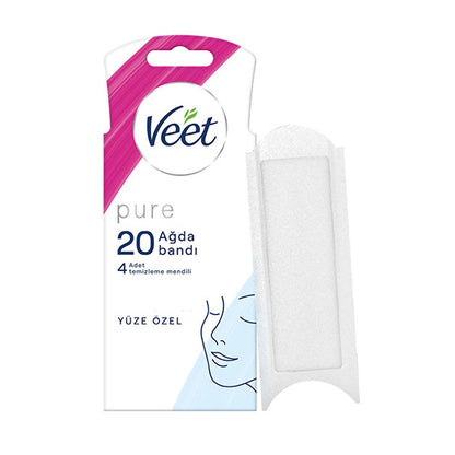 Bandes de cire visage Veet Pure pour peaux sensibles - Épilation hypoallergénique pour le visage, technologie Easy-Gelwax, 20 bandes et 4 lingettes
