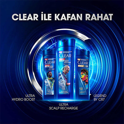 Champú anticaspa Clear Men Vin’cius Jœnior: Ultra Hydro Boost para hombre - 10 veces más hidratación profunda, eucalipto y madera de cedro, combate la sequedad del cuero cabelludo y la caspa