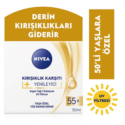 Crème visage anti-rides Nivea pour peaux matures 55+ - Hydratation profonde et protection UV