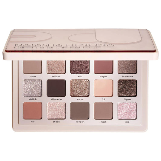Paleta de sombras de ojos I Need a Nude de Natasha Denona: tonos fríos, mate, metálicos, brillantes; sombras de ojos de alta pigmentación, libres de crueldad animal, para todos los tonos de piel