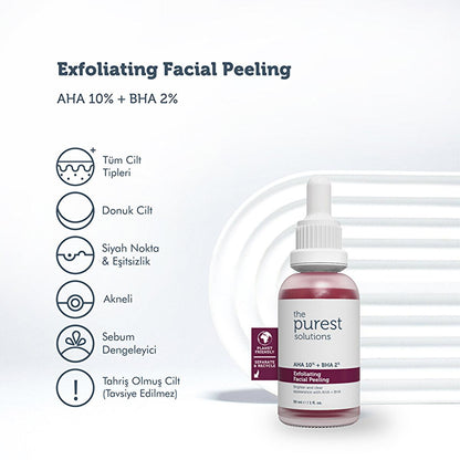 The Purest Solutions Sérum Facial Exfoliante con AHA 10% + BHA 2% - Mejora el Tono de la Piel y Reduce Cicatrices de Acné - 30 ml