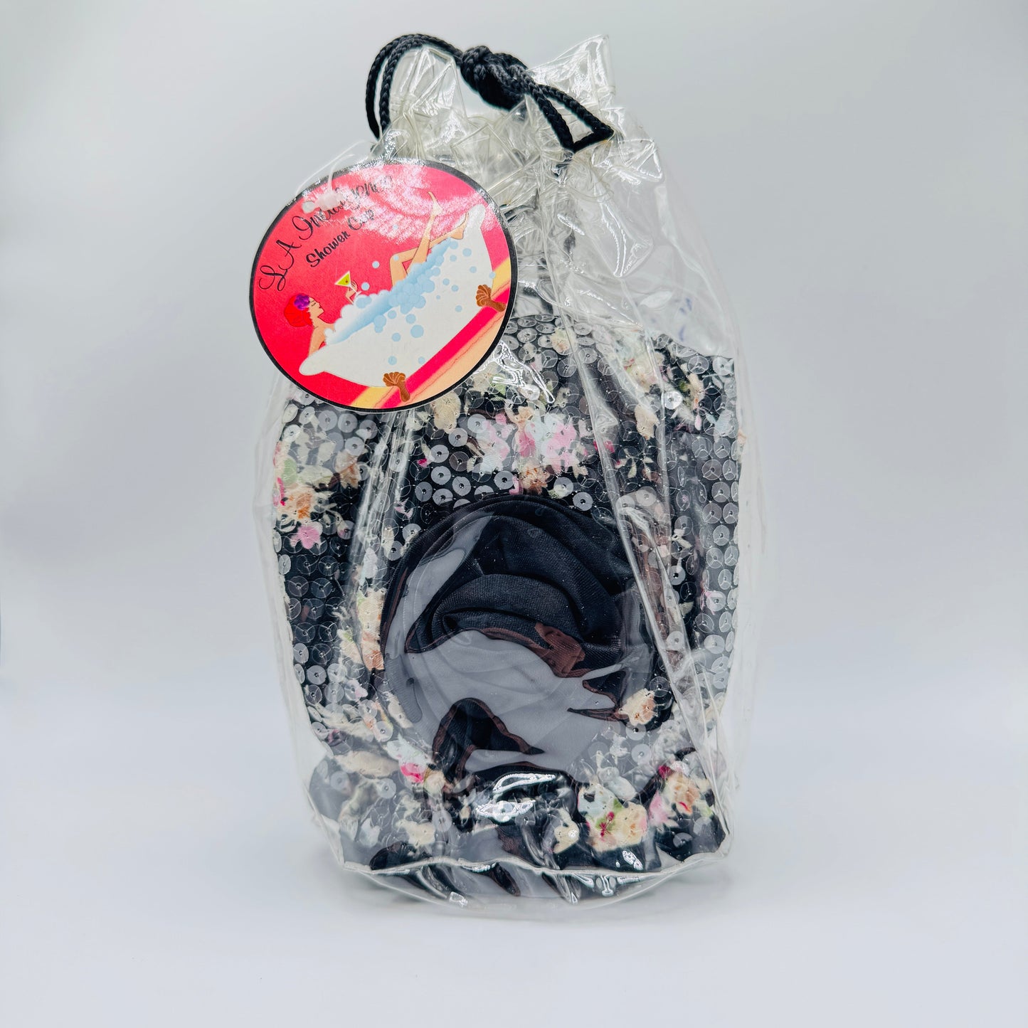LA Indulgence Reusable Shower Cap Black with Flowers Bath & Body Pasteur Pharmacy