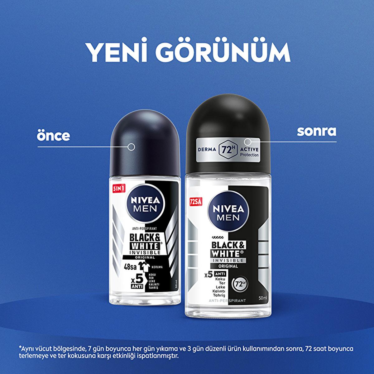 Nivea Men Deodorant - Nivea Men Erkek Roll-on Deodorant Black & White Invisible Original 50 ml - Long Lasting Anti-Perspirant Protection