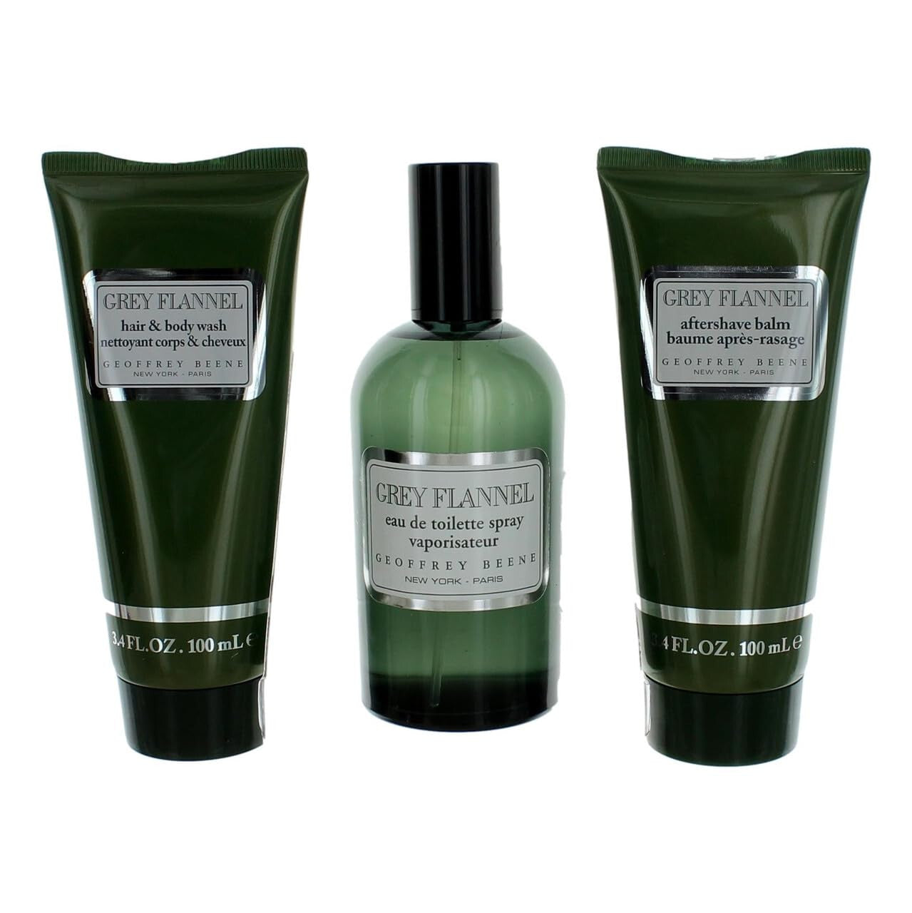 GREY FLANNEL 3 PCS SET: 4 OZ EAU DE TOILETTE SPRAY + 3.4 AFTER SHAVE BALM + 3.4 HAIR & BODY WASH Men Fragrant Nest