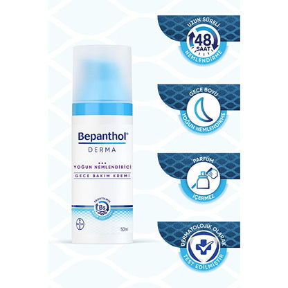 Crème de nuit hydratante intense Bepanthol Derma – Répare et apaise les peaux sèches pendant la nuit avec des huiles naturelles pour soulager la sécheresse du visage