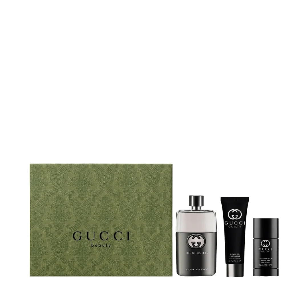 Gucci guilty 3 pcs set for men: 3 oz eau de toilette spray + 2.5 deodorant stick + 1.7 shower gel