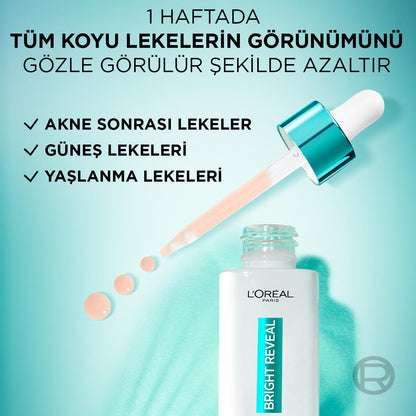 Sérum corrector de manchas oscuras con niacinamida Bright Reveal de L'Oréal Paris: atenúa marcas de acné, manchas solares y de la edad para una piel radiante