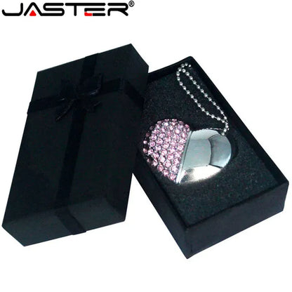 Color: black, Capacity: 64GB - Metal Diamond USB Flash Drive 128GB Crystal Heart With Gift Box Pen Drive 64GB Creative Gifts Memory Stick Pendrive 32GB 16GB 8G