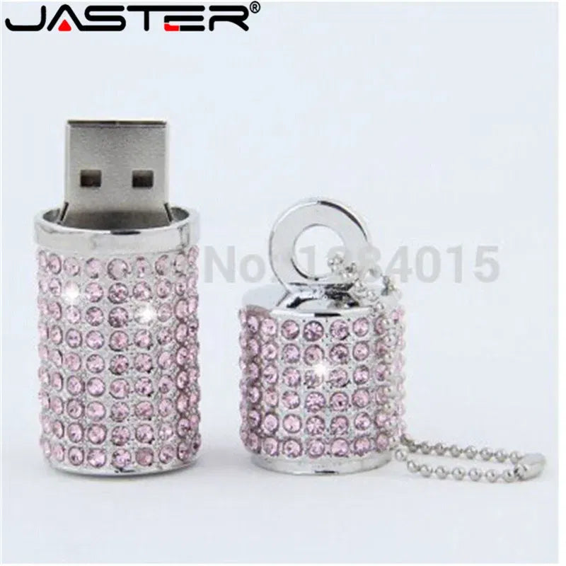 Color: Pink, Capacity: 64GB - JASTER Crystal cylindrical USB Flash Drive  fashion metal diamond pen driveu disk pendrive 4GB 8GB 16GB 32GB 64GB memory stick
